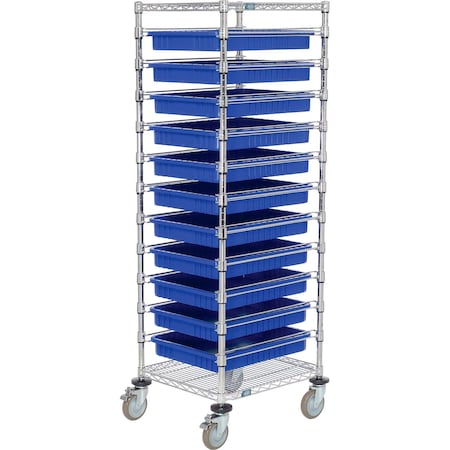 Global Industrial Chrome Wire Cart With 11 3inH Blue Grid Containers, 21x24x69 269029BL